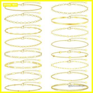 16-Piece Gold Bracelet Set, Stackable Cuban Link Chains, Adjustable Lobster